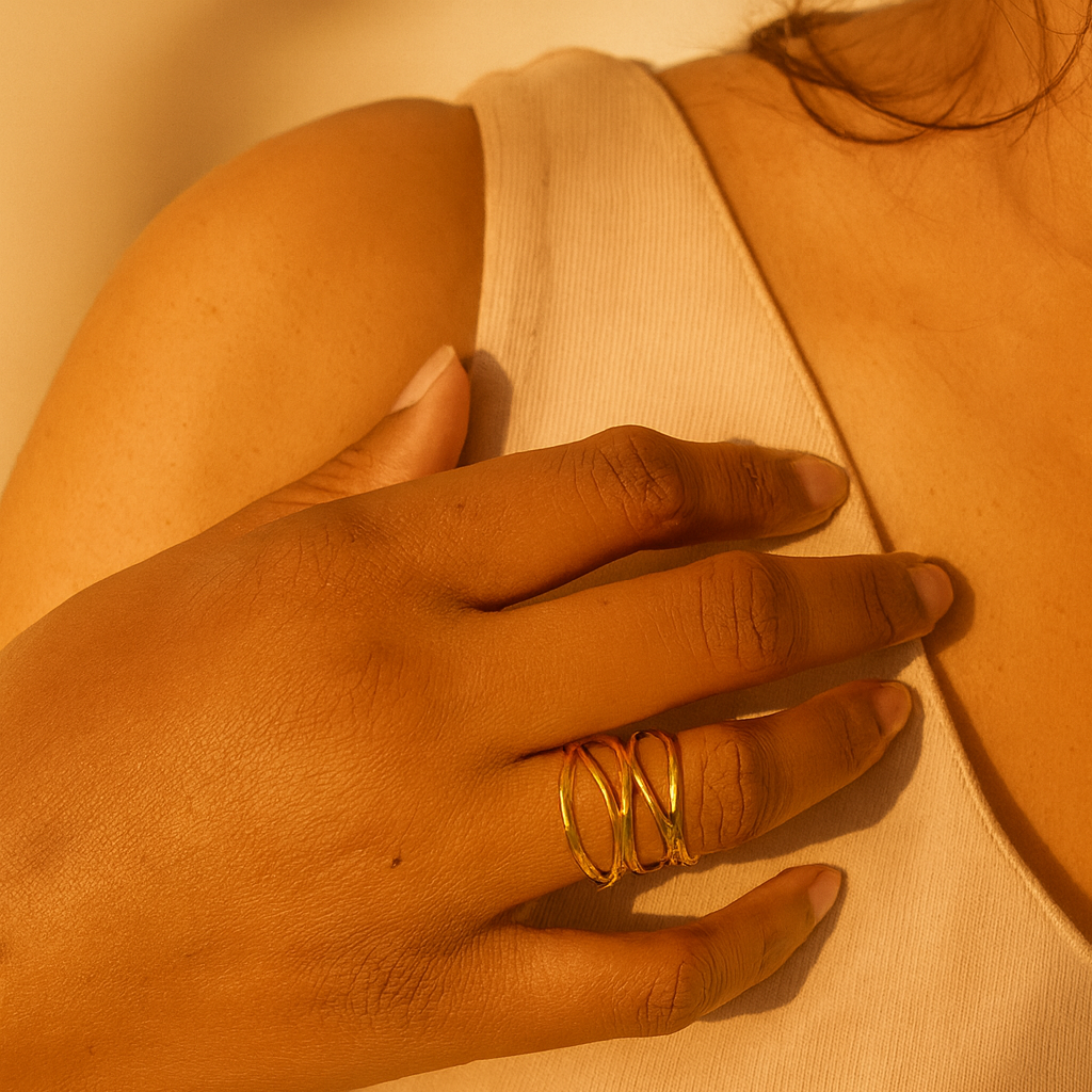Solura Luna Wave Cuff Yellow Gold Ring on Model