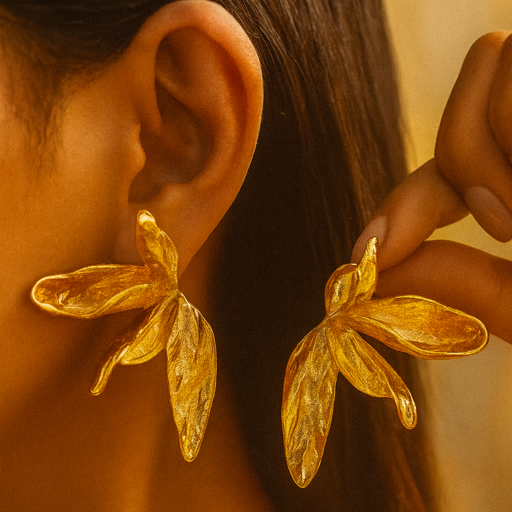 Solura Moonflower yellow Gold Leaf Earrings on Model