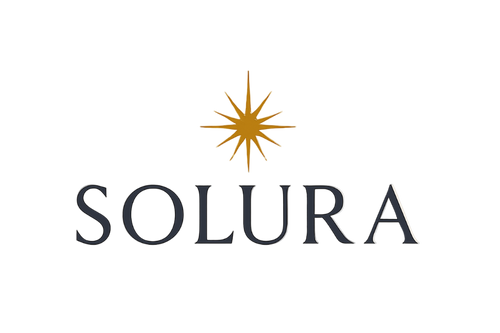 SOLURA logo with a gold star on a beige background