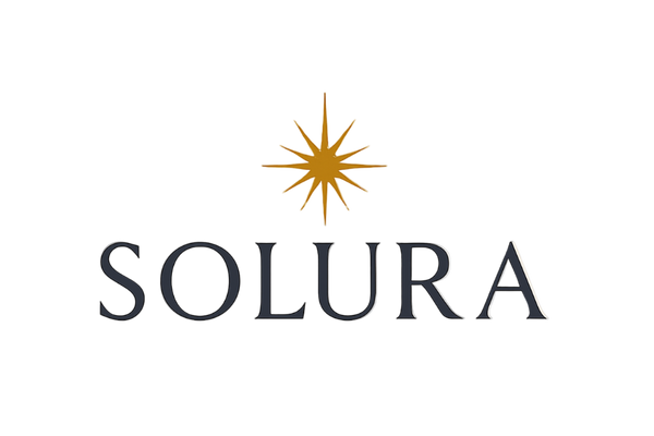 SOLURA logo with a gold star on a beige background