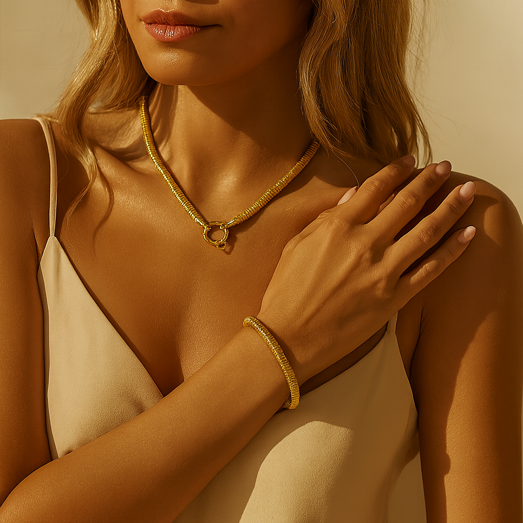 Solura Seren Gold Snake Chain Necklace and Bracelet on Model