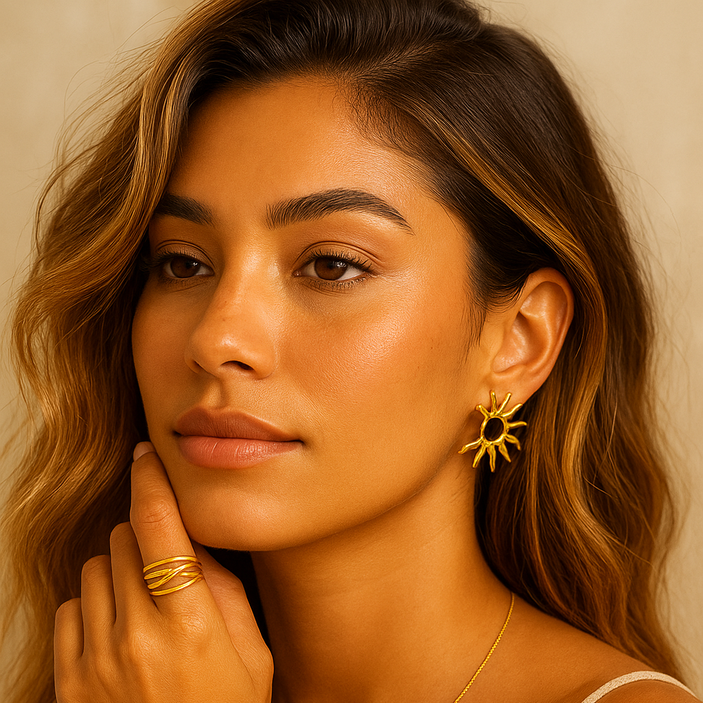 Solura Solflare Earrings in Yellow Gold on Model 2