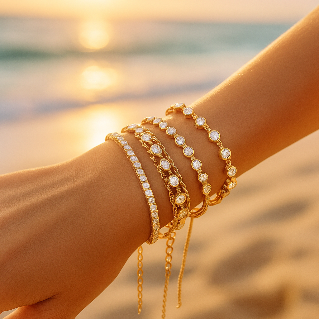 Gold  stacked tennis bracelets on a wrist with a beach sunset in the background
