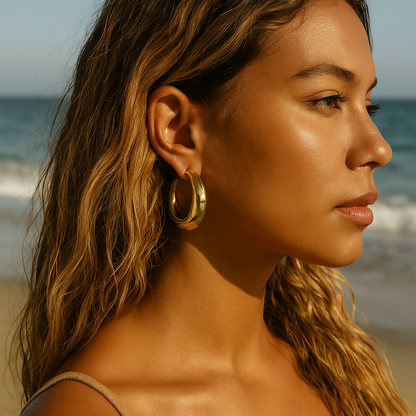 Solura Tidal Hoop Yellow Gold Earrings on Model